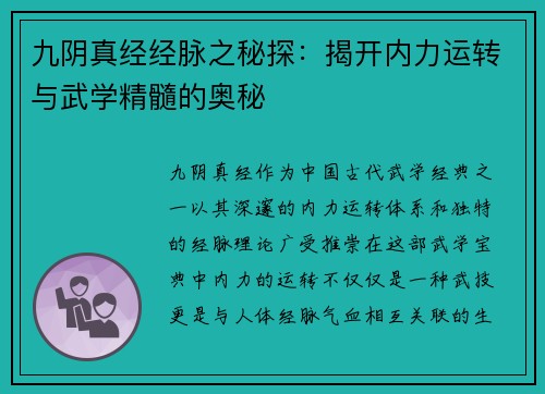 九阴真经经脉之秘探：揭开内力运转与武学精髓的奥秘